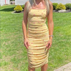Yellow ruched summer knee dress